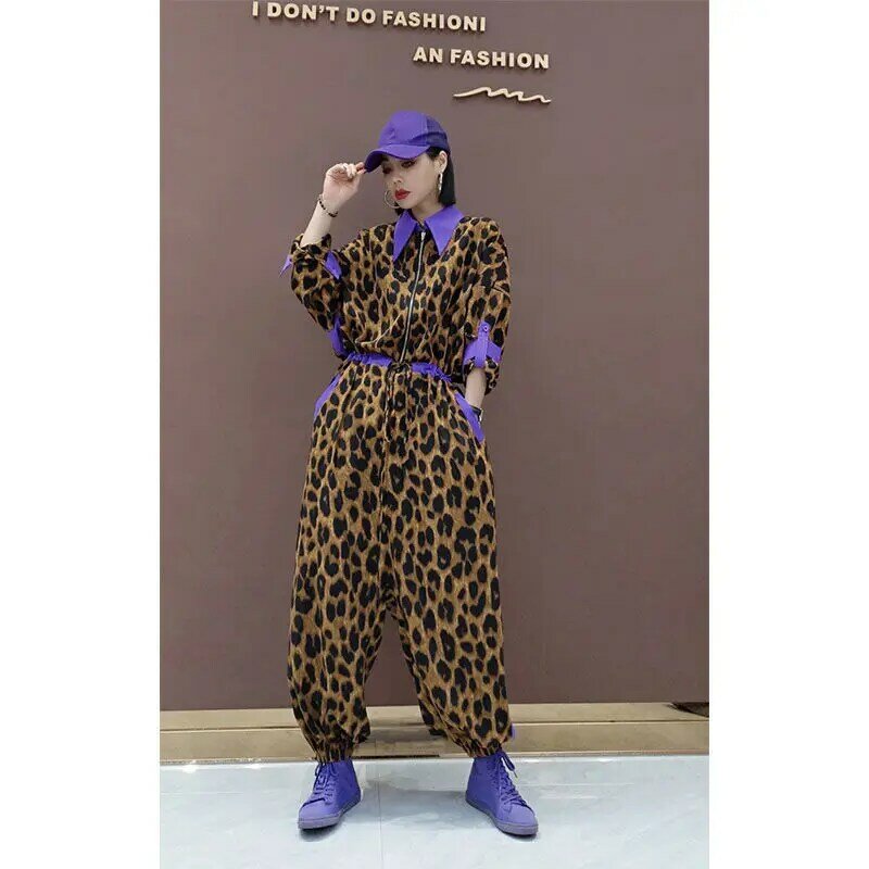 Wzór w cętki kombinezon kobieta Retro z krótkim rękawem zamek dorywczo spodnie luźny rozmiar wiosna lato Playsuit Clubwear fioletowy Hip Hop
