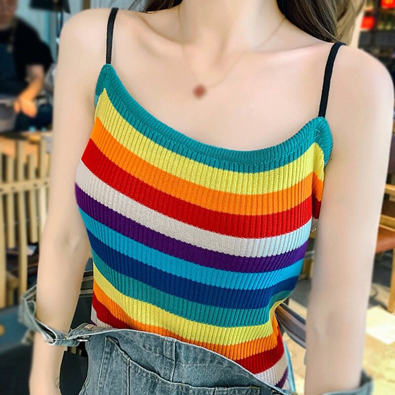 Regata feminina sexy 2021, blusa listrada com arco-íris, estilo coreano
