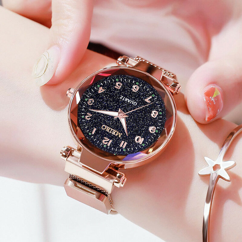 Reloj con cielo estrellado magnético para mujer, reloj de pulsera de cuarzo con estilo de cristal plano, correa de malla con hebilla magnética, reloj para mujer