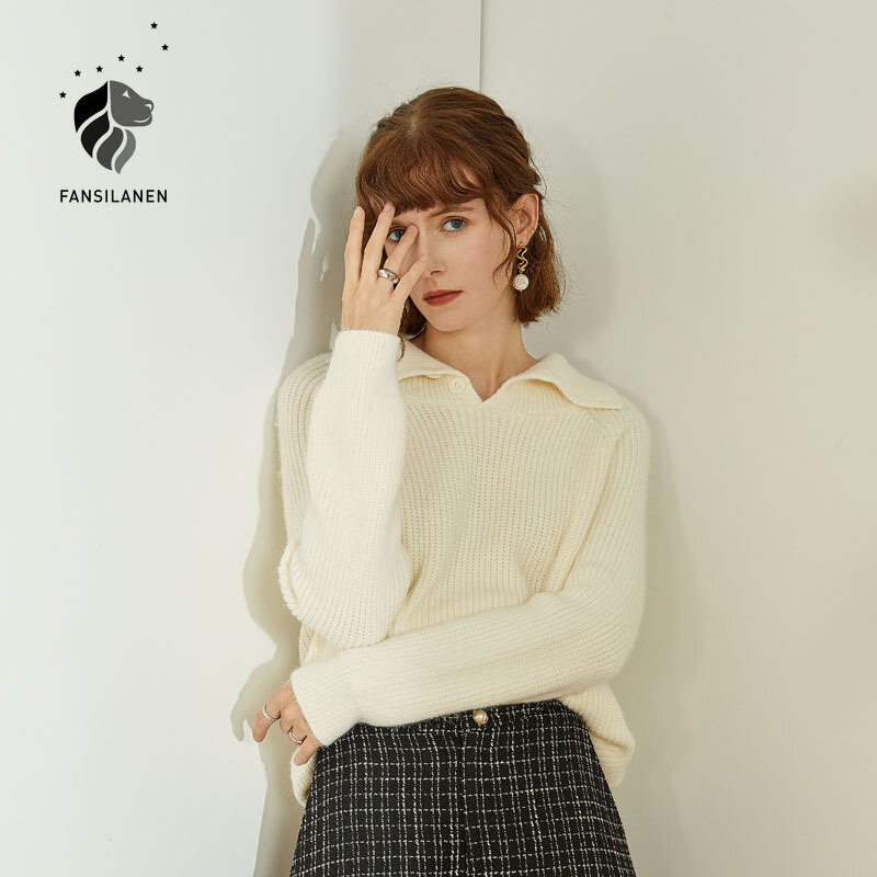 FANSILANEN Polo Casual White Knitted Pullover Women Long Sleeve Thick Pull Commuter Sweater Autumn Winter Elegant Jumper Tops