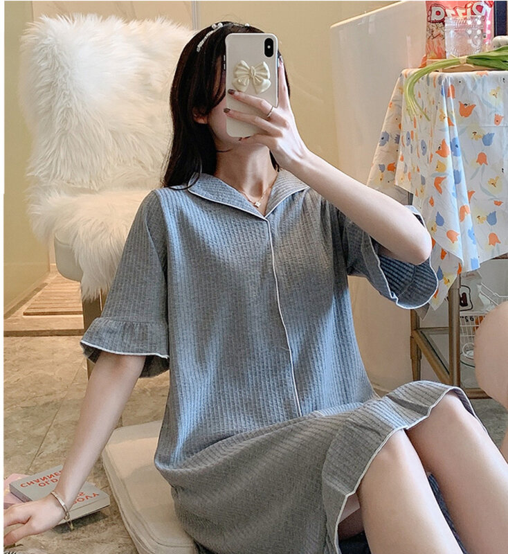Корейская ночная рубашка, летняя тонкая однотонная Милая простая пижама из чистого хлопка, новинка 2021, женское внешнее платье