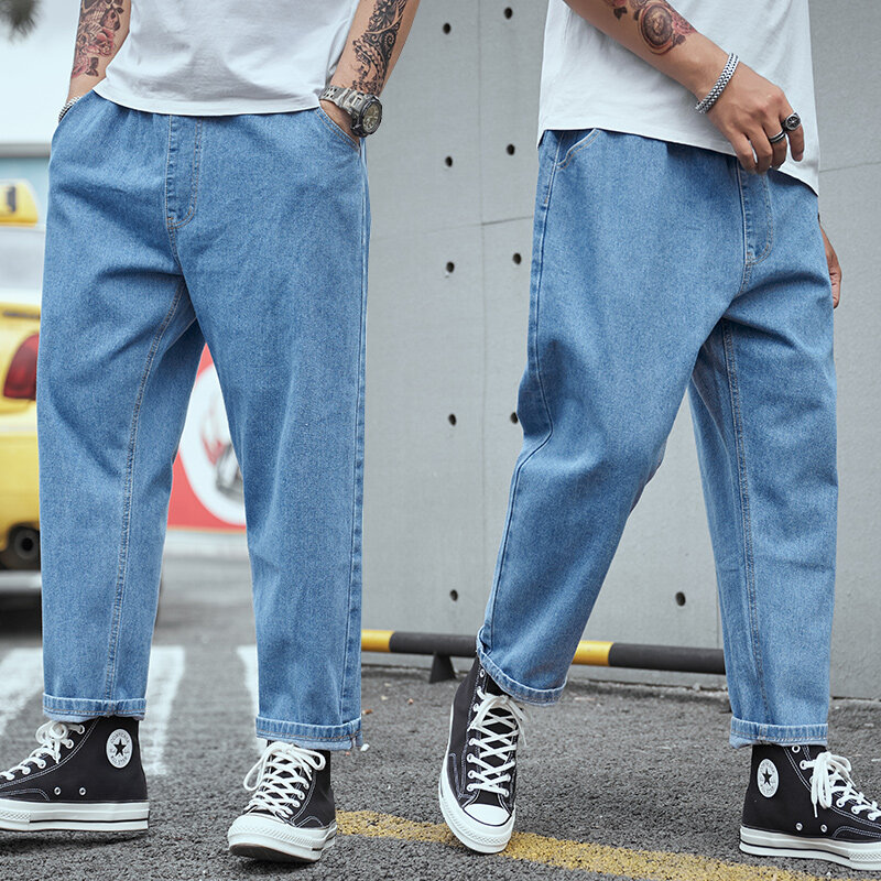 Джинсы мужские прямые свободного покроя, повседневные брюки из денима, мешковатые штаны в стиле Хай-стрит, хип-хоп, однотонные Стрейчевые брюки, большие размеры 28-48