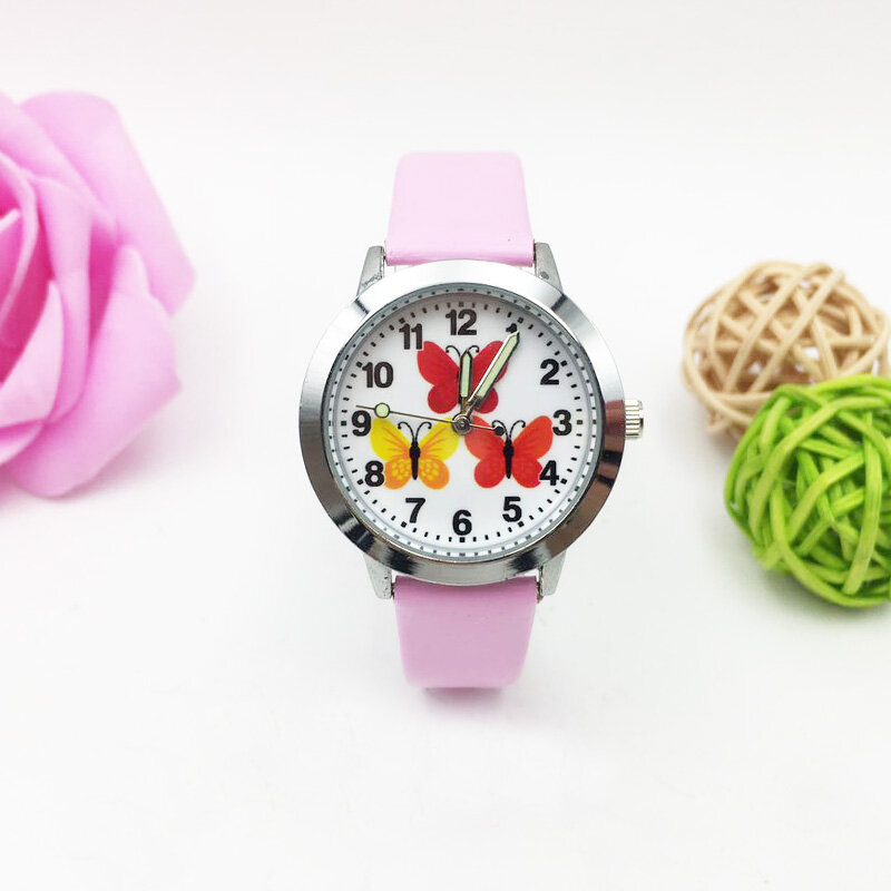 Bonito dos desenhos animados borboleta crianças relógios luminosos mãos geléia rosa couro relógio de quartzo menina senhoras estudante moda relógio de pulso montre