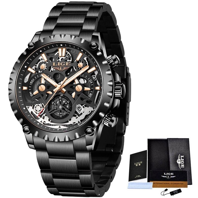 Lige relógios men chronograph marca grande dial relógio de luxo masculino aço casual esporte quartzo relógios pulso relogio masculino + bo