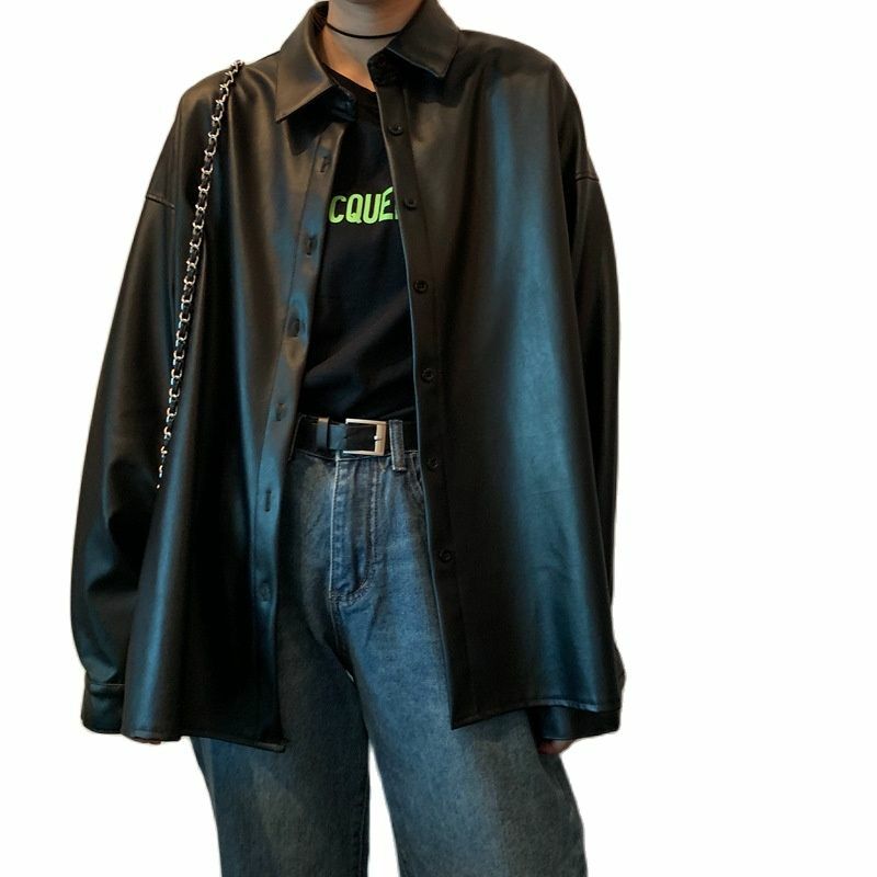 女性の合成皮革の春と秋のジャケット,基本的な衣服,折りたたまれた襟,大きいサイズ,黒,2021
