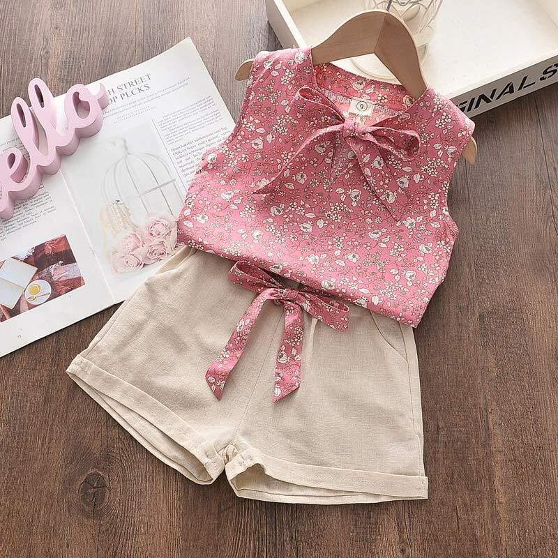 Милые комплекты одежды для девочек Летняя Повседневная шифоновая футболка без рукавов с принтом и шорты Новый Детский костюм из 2 предметов