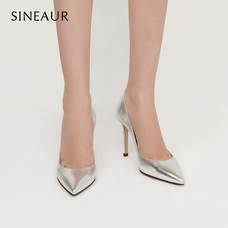 SINEAUR-zapatos de tacón con punta en pico para mujer, tacones de espejo dorados y plateados, 8,5, 10CM, para novia y boda, talla grande 35-45