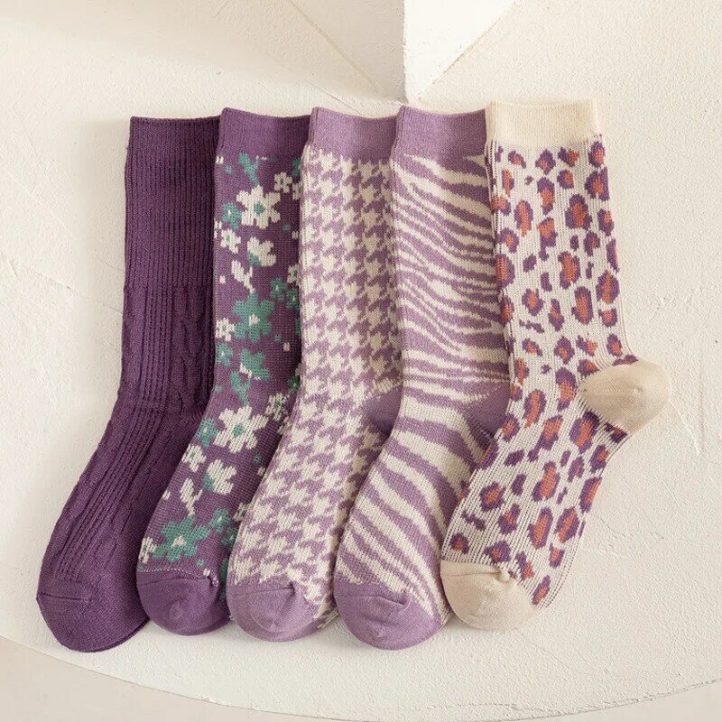 Calcetines de algodón con estampado de leopardo para mujer, calcetín informal, púrpura, cebra, Chequer, Floral, Jacquard, elegante, 1 par
