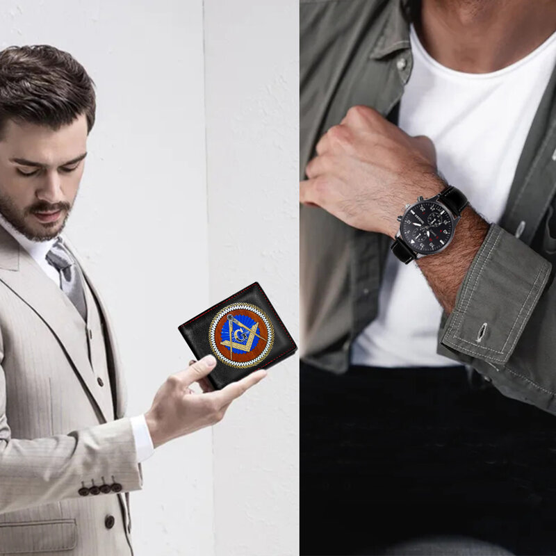 Relógio de pulso de quartzo masculino pulseira de couro masculino relógios moda maçônica preto carteira caixa de presente definido para o marido relogio masculino