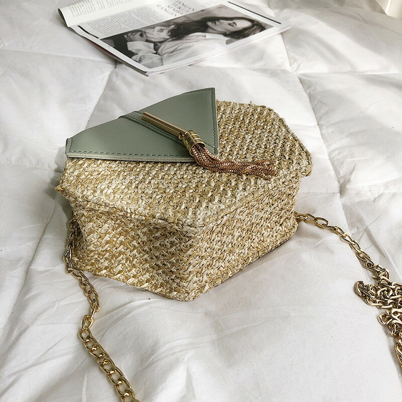 Соломенные сумки в стиле шестиугольника для женщин, кожаная Летняя плетеная пляжная круглая богемная сумочка на ремне, ручной работы