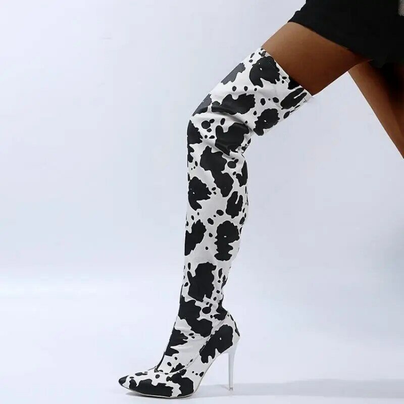 2021 Winter Fashion Pointed Toe Wedges Stiletto Heel Trend Fashion Printed Stitching and Lacquered PU Goddess Boots  KZ050
