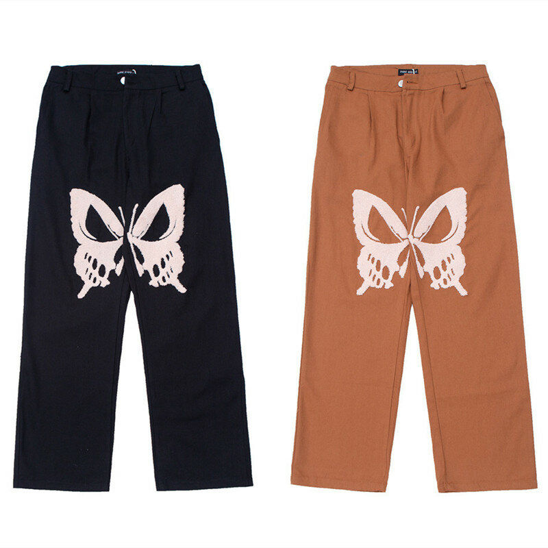 2021 coreano moda borboleta bordado marrom do vintage homens calças largas algodão em linha reta casual baggy calças pantalones casuales