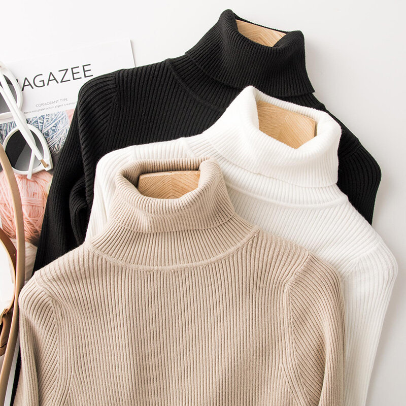 Suéter de cuello alto para mujer, Jersey ajustado de punto, Camiseta básica elástica de calidad, suéteres cálidos, invierno y otoño, 2021