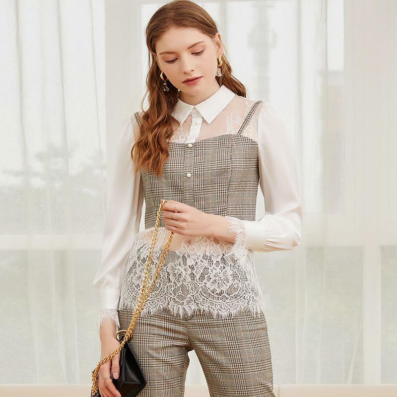 Roupa feminina vintage de renda, camisa de colagem com calças casuais da moda para mulheres, duas peças, primavera e outono, 2021