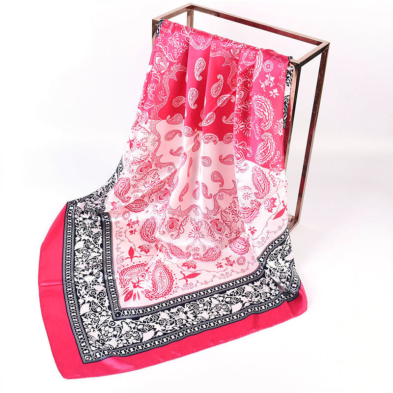 Luxo seda cetim cabeça cachecóis feminino 90*90cm lenço quadrado praia hijab xales e envoltório de dois tons de caju flor impressão