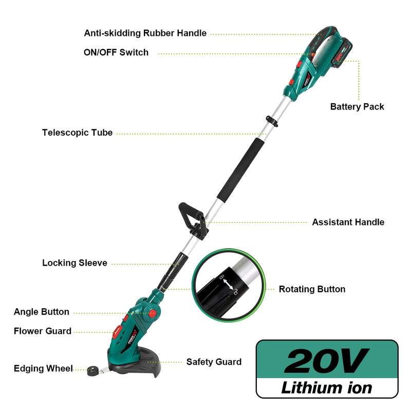 Electric Hedge Trimmer 20V Cordless Pruning Shears Grass Trimmer Rechargeable Weeding Hedge Mower Pole Chainsaw Garden Tools