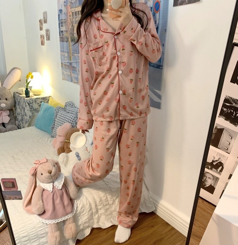 Kosteneffectieve Koreaanse Aardbei Zoete Pyjama Vrouwelijke Stijl Herfst