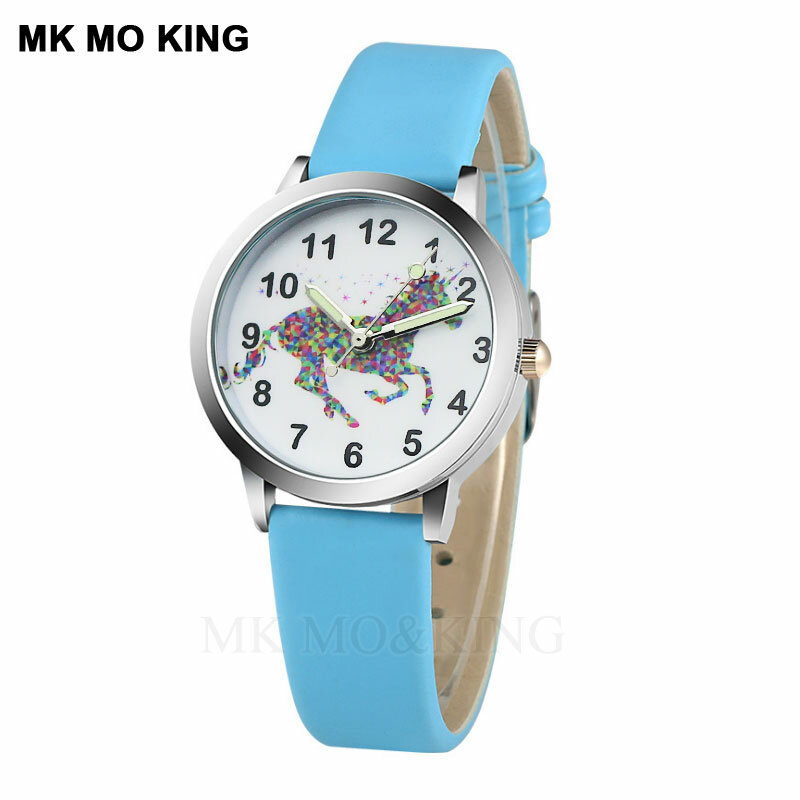 Relógio quartz de couro esbelto, relógio criativo azul-céu, relógio de pulso com detalhes de desenho animado, estrutural