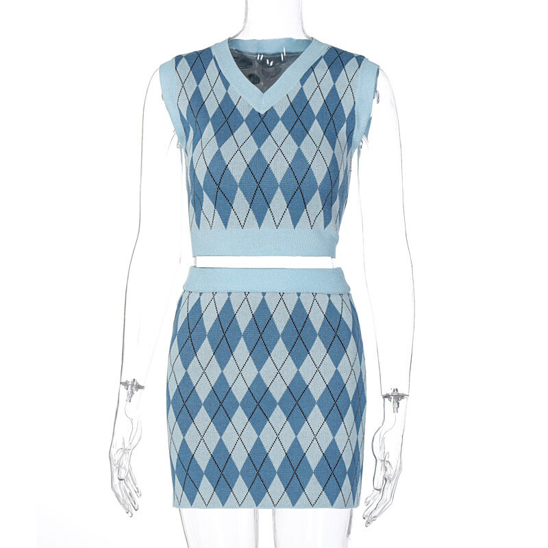 Gilet tricoté à carreaux avec fesses et jupe pour femmes, nouvelle mode printemps et automne 2020