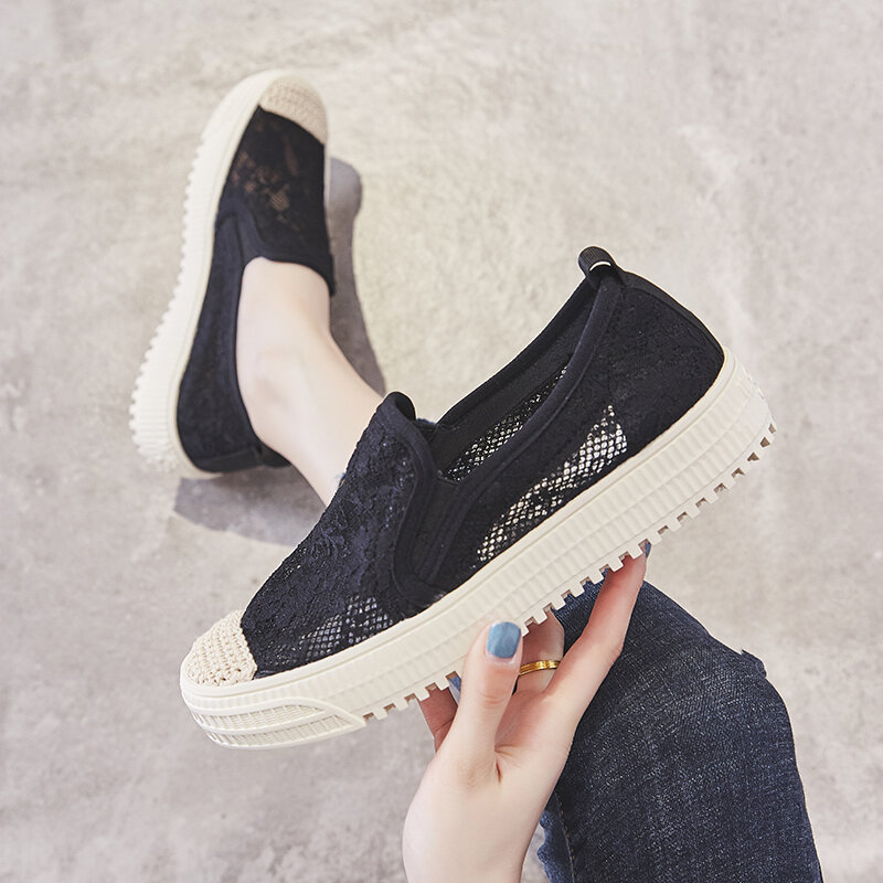 Zapatos planos de verano para mujer, calzado blanco y negro, cómodo, tejido, transpirable, con encaje, zapatos de goma, mocasines Sha, 2021