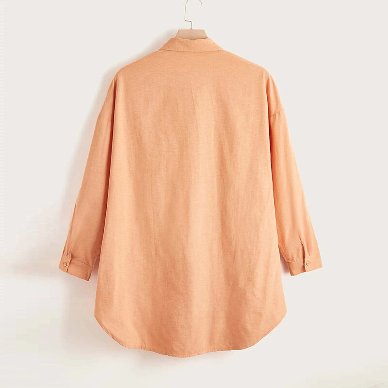 Женская блузка больших размеров WXL, оранжевые однотонные рубашки с длинным рукавом 2021 года, осенние повседневные повседневные топы с карман...