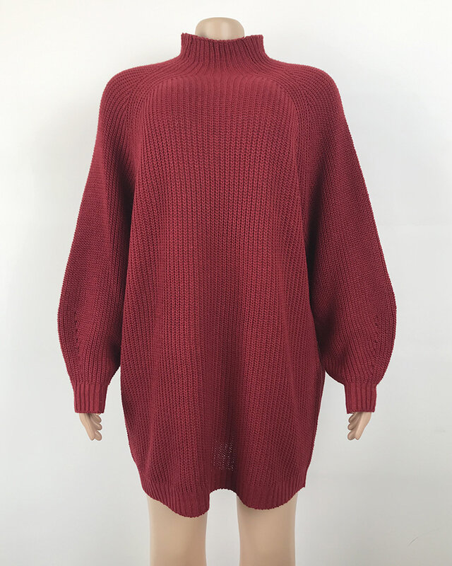 Suéter de manga raglán para mujer, vestido informal de longitud media, cuello alto, Jersey de punto, Otoño e Invierno