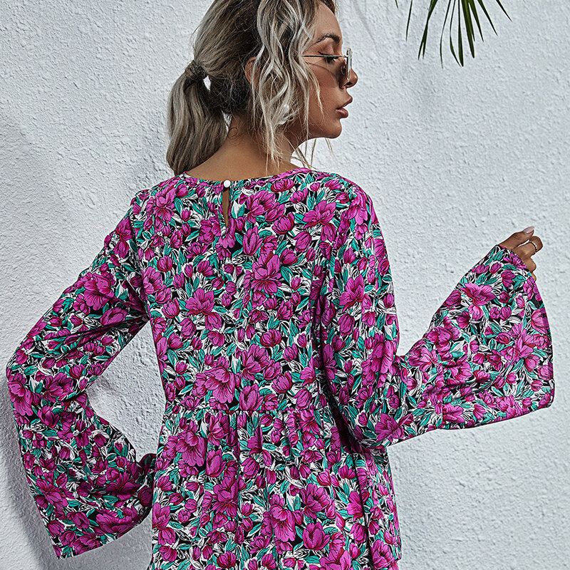 JYSS blusas elegantes polyester long big sleeve rosered floral pattern decoration o neck women tops blouses 60237