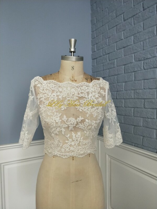 Real Image High Quality Bridal Jacket Illusion Lace Appliques Modest Bridal Wrap with Sleeves