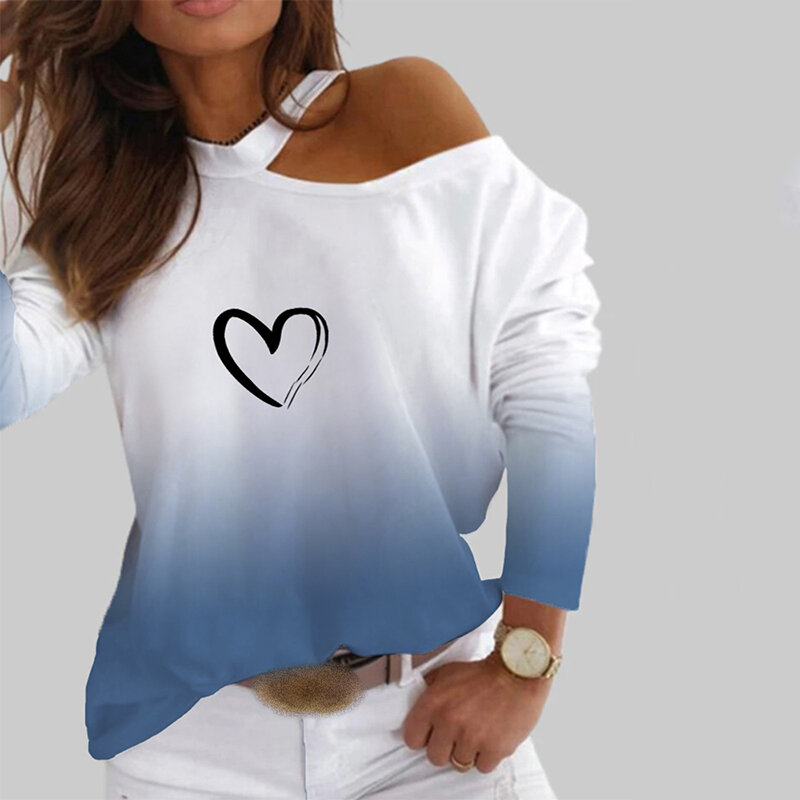 2021 봄 트렌디 컬러 블럭 하트 프린트 콜드 숄더 긴 소매 넥타이 염색 풀오버 탑 여성 블라우스 캐주얼 여성 티셔츠
