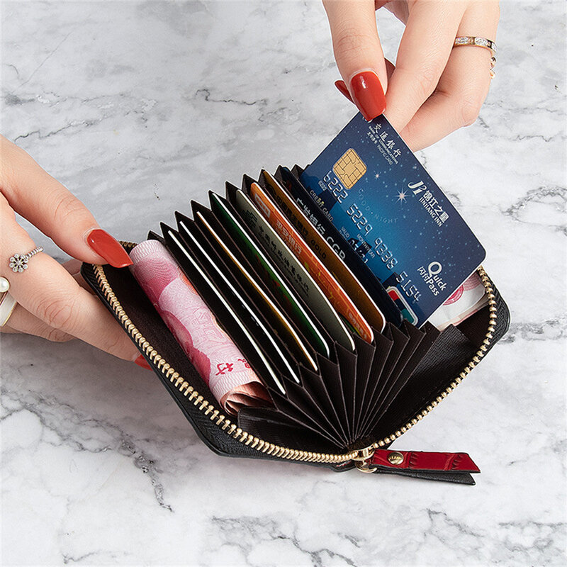 Porte-cartes Slim en cuir Pu pour femmes, portefeuille pour cartes de crédit/d'identité/bancaire, avec fermeture éclair, porte-monnaie