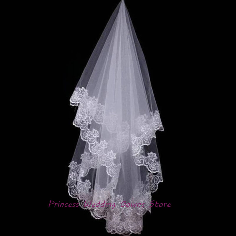 Barato curto véus de noiva com borda do laço novo cabo mariage curto casamento véus acessórios