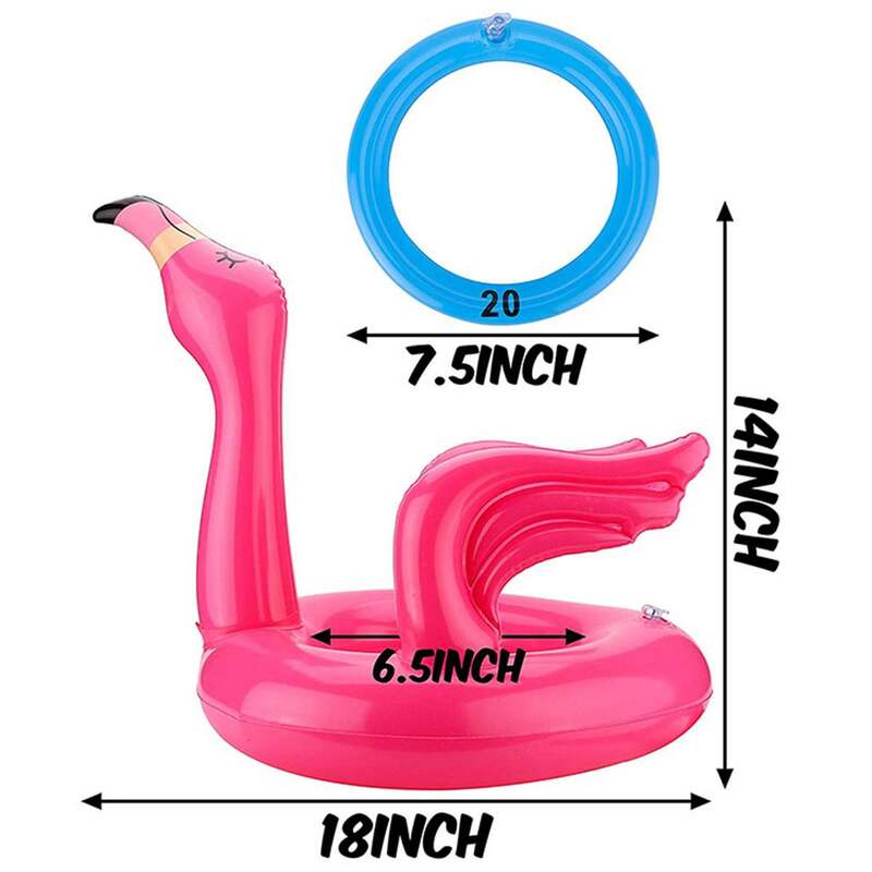 Topi Kepala Flamingo Tiup Portabel dengan 4 Buah Cincin Lempar Permainan Air untuk Pesta Keluarga Bahan PVC Pink Kolam & Mainan Menyenangkan
