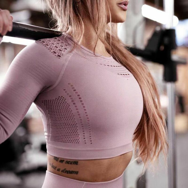 New hot Women Seamless Hollow-out Mesh  Sports Yoga Shirts Long Sleeves Tops Energy Yoga Sports Fitness Gym Workout T-shirts