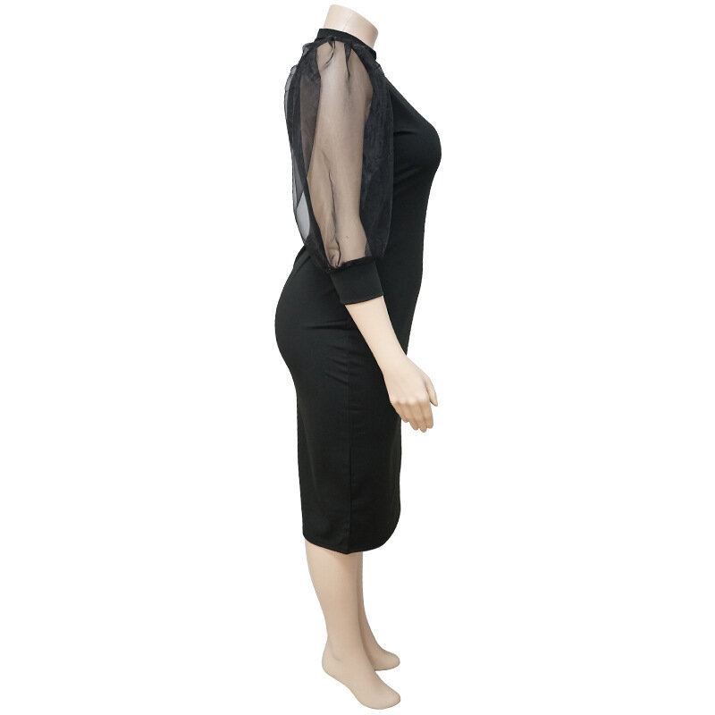4XL 플러스 사이즈 여성 바디콘 드레스 오피스 레이디 블랙 메쉬 긴 소매 무릎 길이 슬림 피트 붕대 가운 여성용, 블랙
