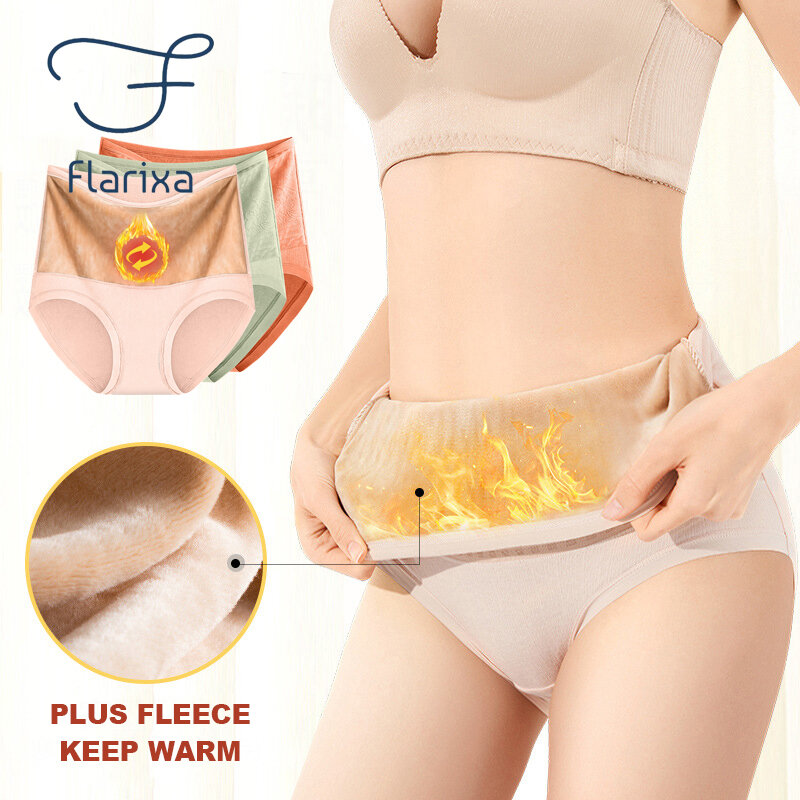 Flarixa Plus Size Seamless High Waist Women's Panties Plus Fleece Keep Warm Menstrual Panties Abdomen Hip Lift Cotton Briefs