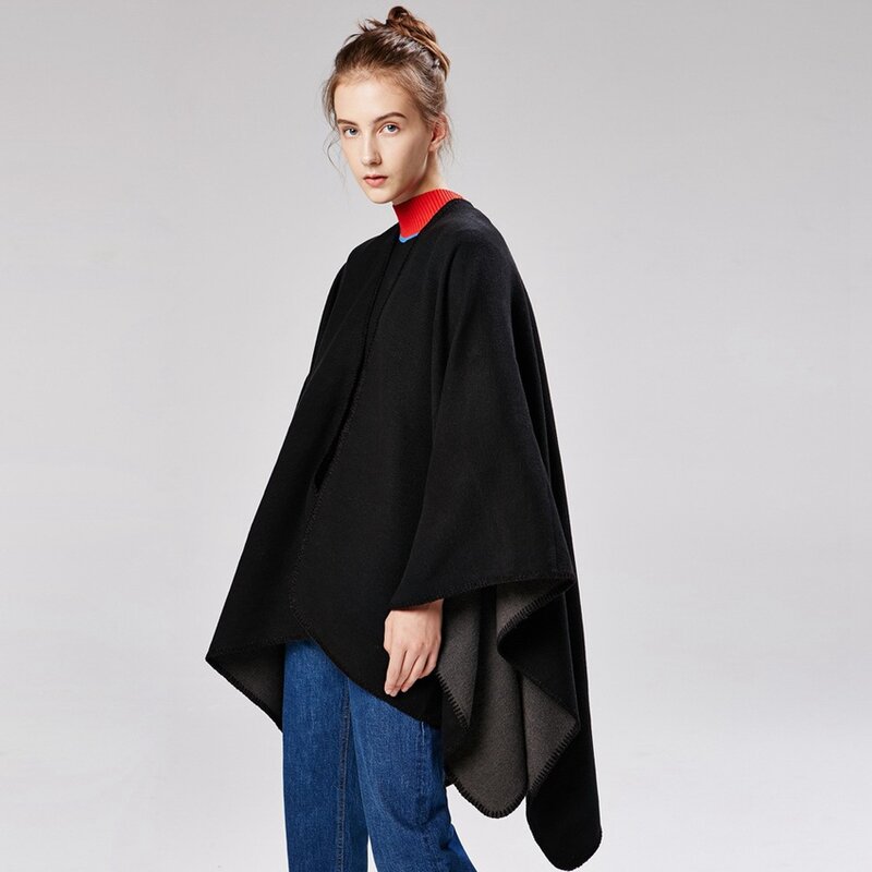 JNKET New Fashion Monochrome Cloak  Ladies Warm Shawl Imitation Cashmere Split The Shawl