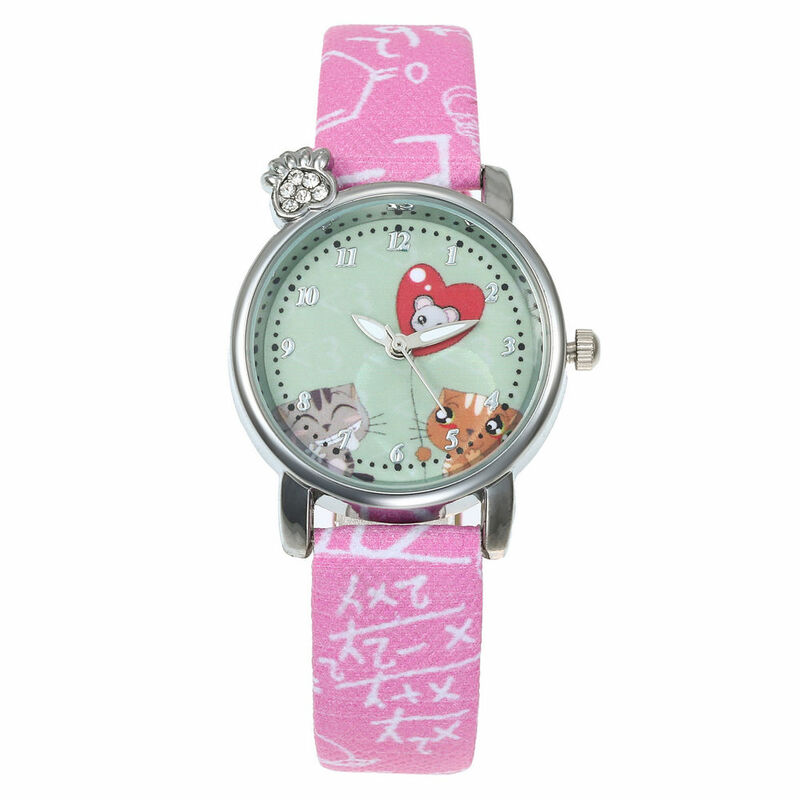 여자 귀여운 고양이 패턴 키즈 하트 시계 여성 심플 캐주얼 쿼츠 시계 숙녀 패션 손목 시계 어린이 시계 최고의 선물