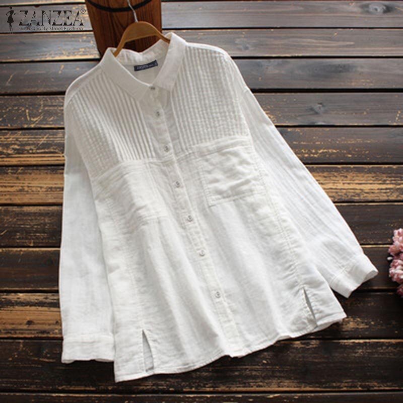 Nữ Vải Lanh Cotton Áo ZANZEA Thời Trang Ve Áo Blusa Feminina Nữ 2021 Vintage Chắc Chắn Áo Sơ Mi Công Sở Nữ Cổ Cao Cấp