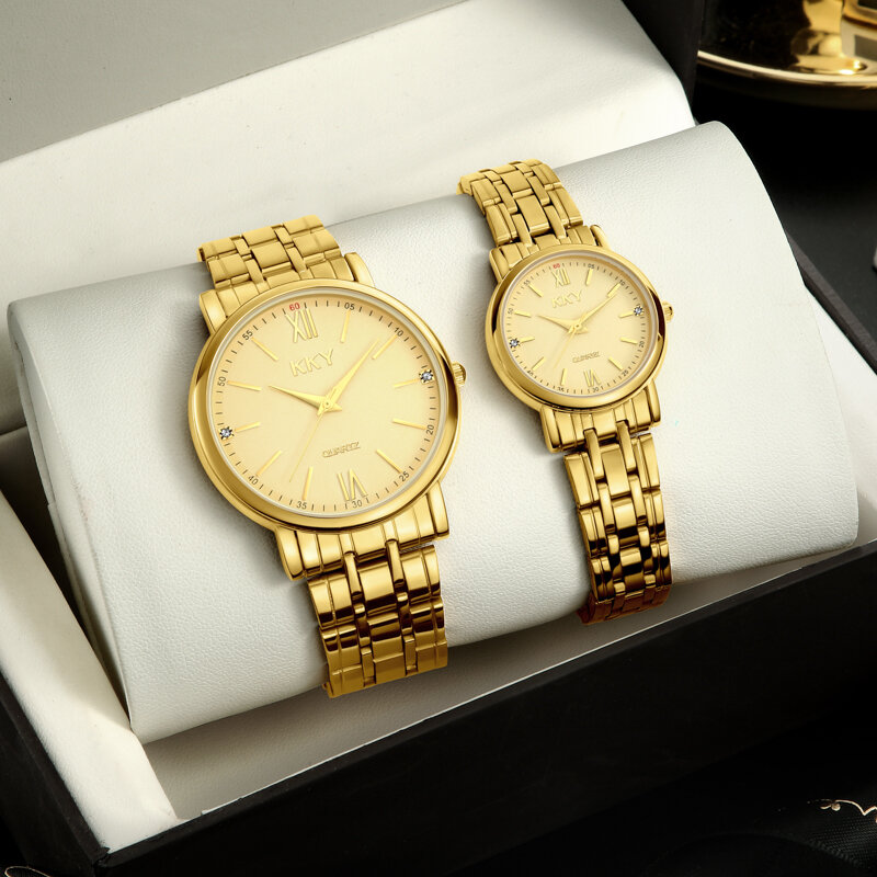 KKY-Relojes de pulsera de cuarzo para hombre y mujer, cronógrafo de negocios a la moda, de acero completo, dorado, par de horas, 2021
