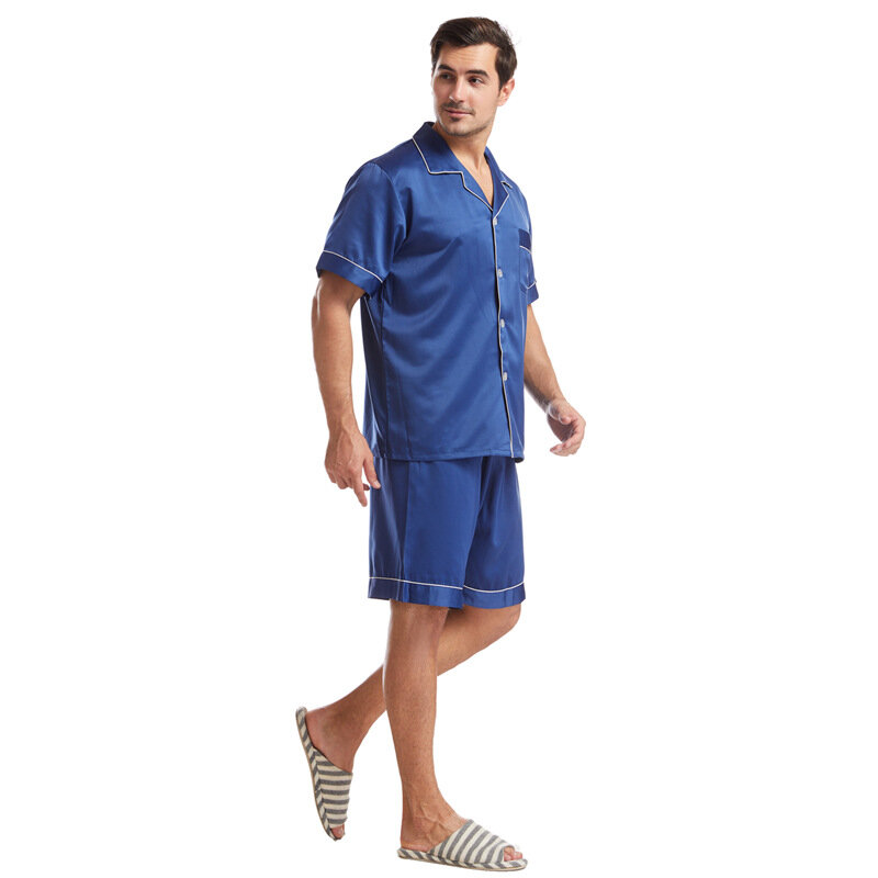 Set Piyama Pakaian Tidur Pria Satin Matte Lengan Pendek Kasual Ukuran Besar Pakaian Rumah Musim Panas Kerah Pria Warna Solid Ukuran Eropa