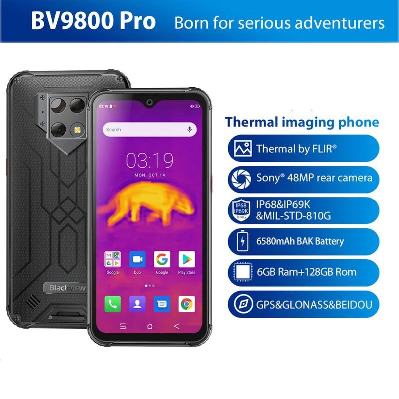 Blackview-Smartphone BV9800, primeiro do mundo com imageamento termal, Android 9.0, 6GB + 128GB, celular à prova d'água, helio P70, 6580mAh