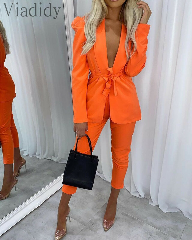 Elegant Women Blazer Sets Colorblock Tie Front Blazer & Pants Sets Party Office Business Outfits