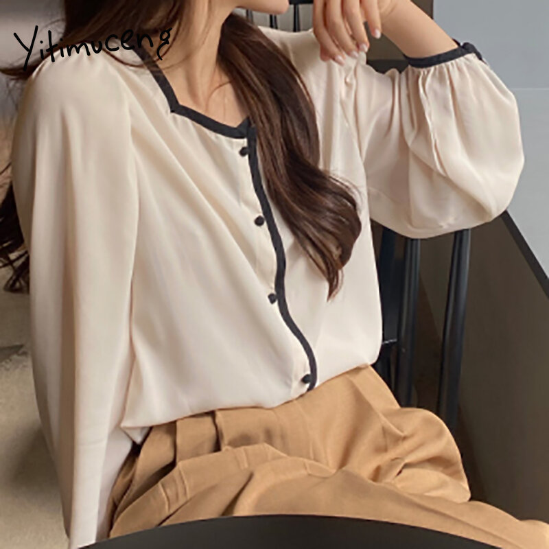 Yitimuceng Casual Blouse Woman Oversized Button Tops Korean Fashion Long Puff Sleeve Office Lady Milky Shirt 2021 Spring Summer