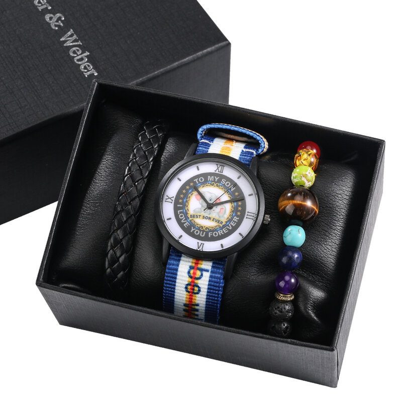 Para o meu filho conjunto de presente movimento quartzo mostrador preto relógio pulseira alça de náilon esporte relógio de pulso caixa presente pacote masculino relógio natal