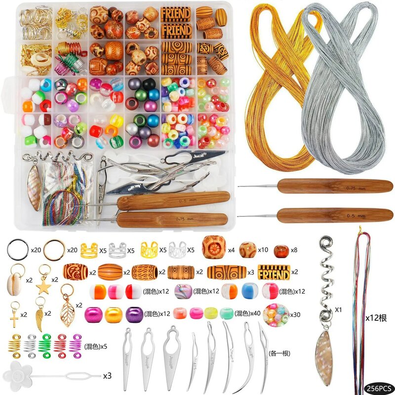 256 Buah/Set Manik-manik Gimbal DIY Perhiasan Rambut untuk Kepang dengan Cincin Rambut Loop Klip Rambut Kabel Logam Dekorasi Rambut untuk Anak-anak