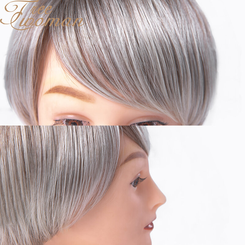FREEWOMAN krótkie włosy peruka z naturalnych Bangs fryzura Pixie z podkreśla syntetyczny biały Mix brązowy fryzura dla białych kobiet