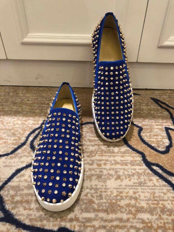 Sepatu Desainer Mewah Paku Keling Sepatu Bawah Merah untuk Pria Loafers Kulit Asli Biru Slip On Sepatu Italia Sepatu Kasual Pria Vip