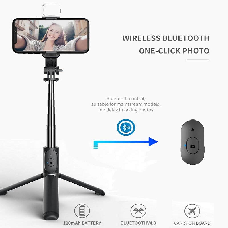Pau de selfie bluetooth dobrável., tripé com controle remoto e luz de preenchimento para ios e android.