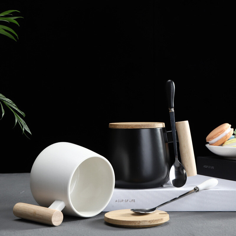 Taza de café de cerámica con mango de madera de estilo nórdico, taza y cuchara de gran capacidad, taza de leche, Tazas de oficina para el hogar