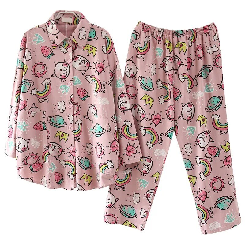 2021 새로운 한국어 스타일 만화 손으로 그린 패턴 대형 봄과 가을 순수한 면화 잠옷 여성의 지방 M Homewear 양복